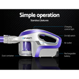 Devanti Cordless 150W Handstick Vacuum Cleaner - Bagless, Lightweight & Versatile in Purple - 45-Degree Angle