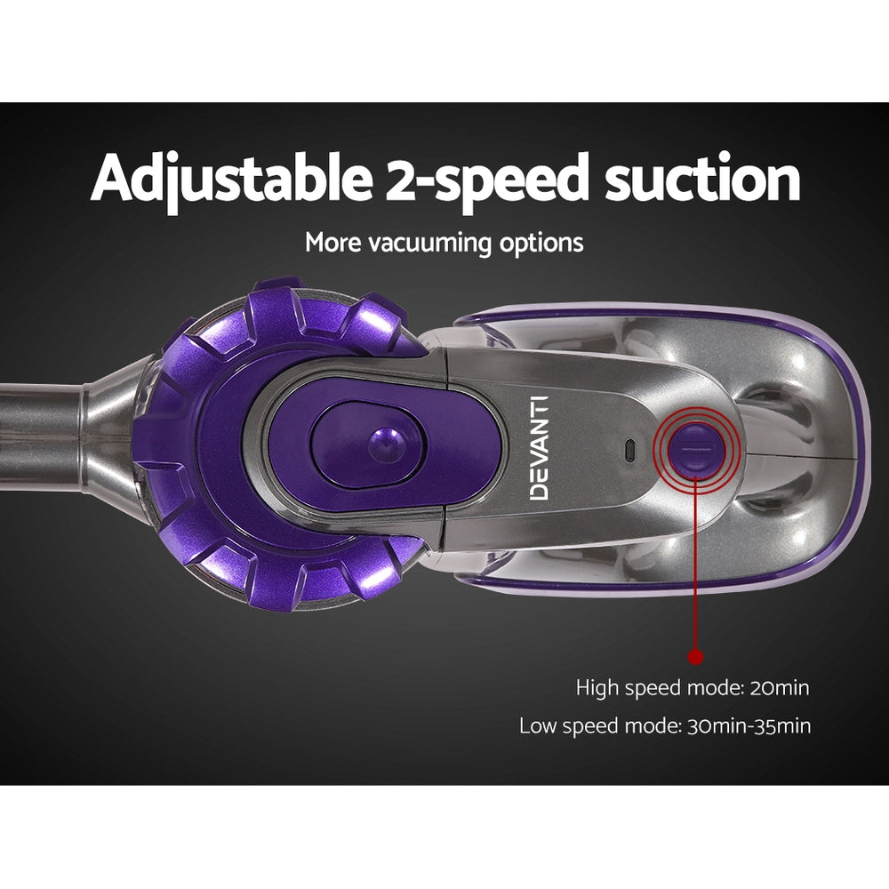Devanti Cordless Stick Vacuum Cleaner with Motorized Roller Brush - 150W Purple