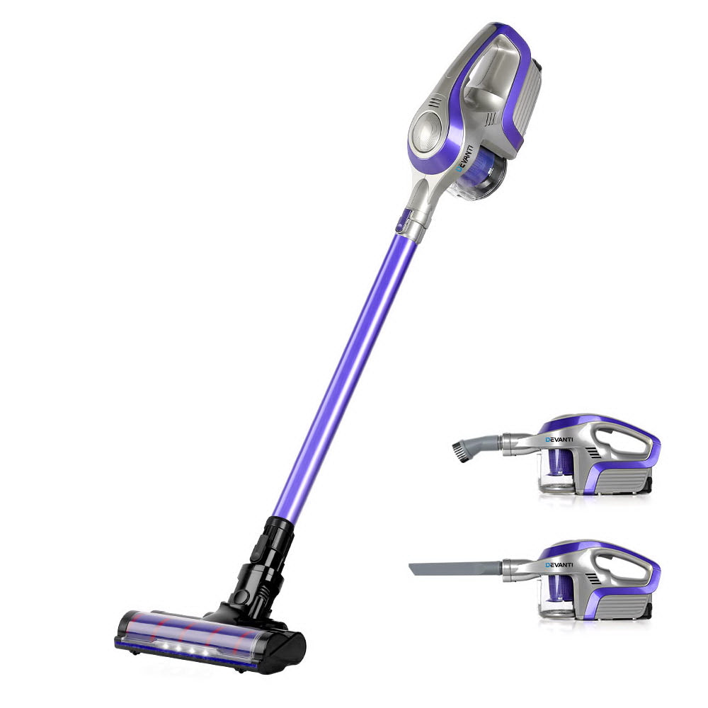 Devanti Cordless 150W Handstick Vacuum Cleaner with Motorized Roller Brush - Purple and Grey