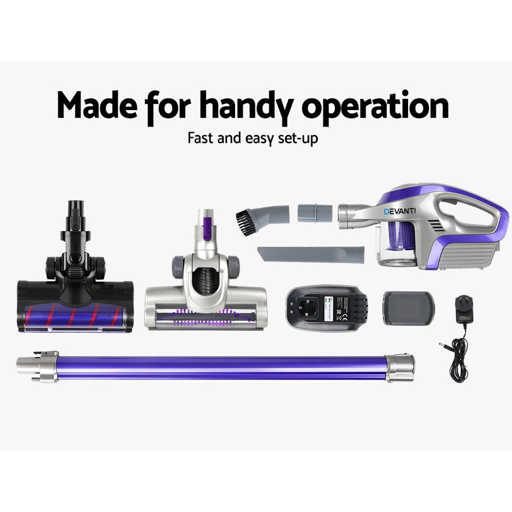 Devanti Cordless 150W Handstick Vacuum Cleaner with Motorized Roller Brush - Purple and Grey