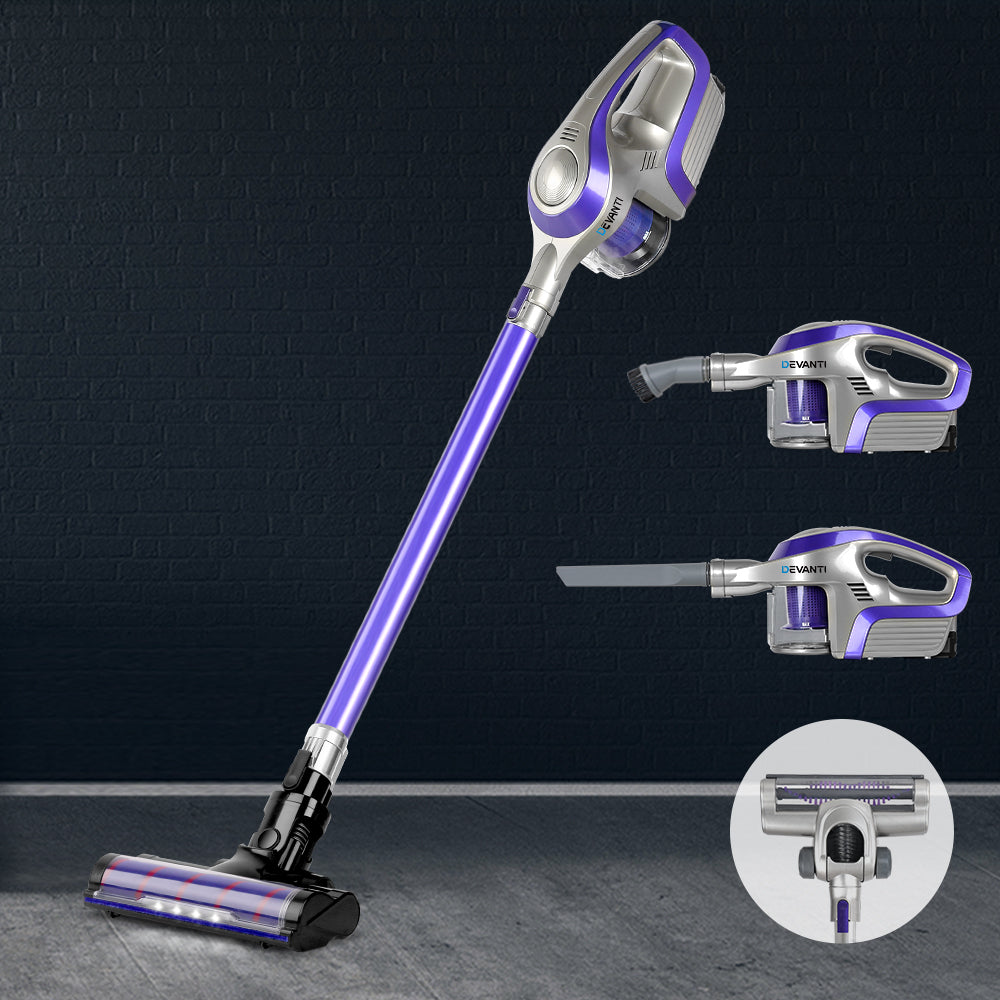 Devanti Cordless 150W Handstick Vacuum Cleaner with Motorized Roller Brush - Purple and Grey