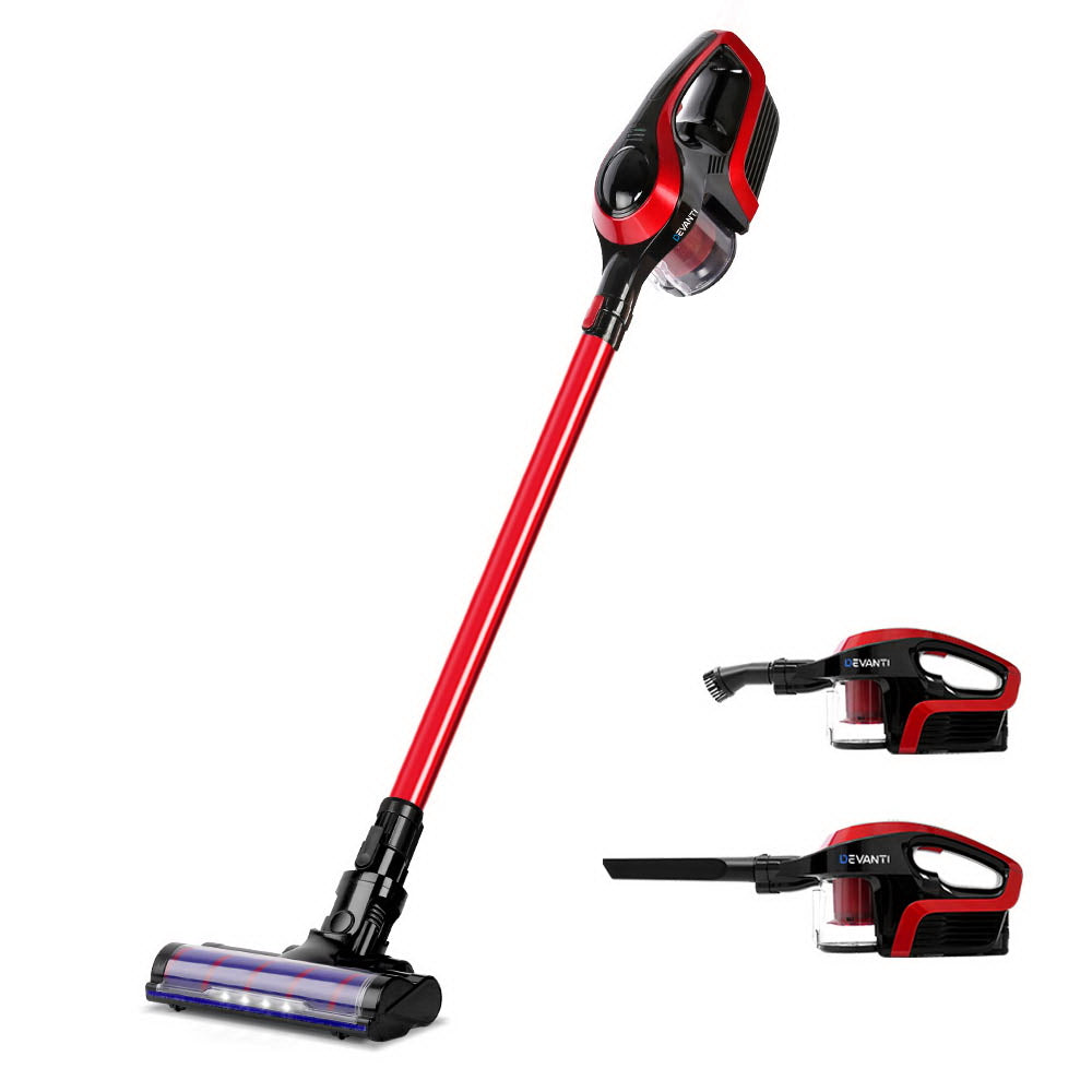 Devanti 150W Cordless Handstick Vacuum Cleaner with Motorized Roller - Red & Black