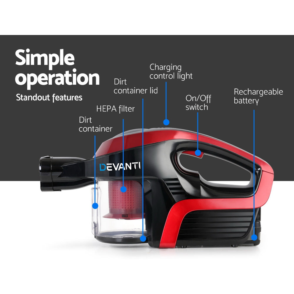 Devanti 150W Cordless Handstick Vacuum Cleaner with Motorized Roller - Red & Black
