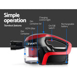 Devanti 150W Cordless Handstick Vacuum Cleaner with Motorized Roller - Red & Black - 45-Degree Angle
