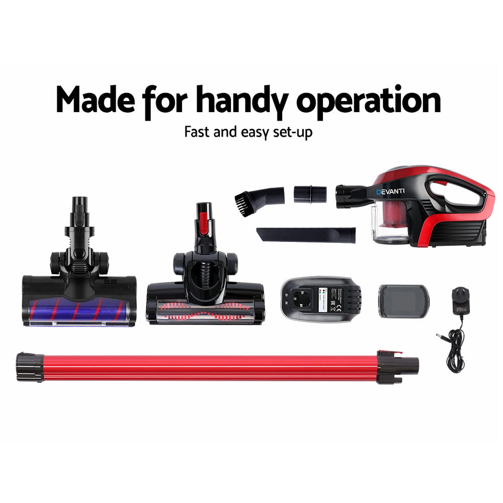 Devanti 150W Cordless Handstick Vacuum Cleaner with Motorized Roller - Red & Black