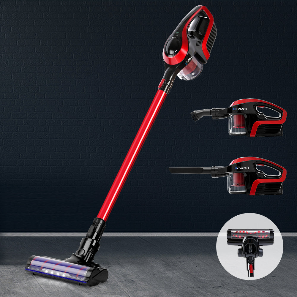 Devanti 150W Cordless Handstick Vacuum Cleaner with Motorized Roller - Red & Black