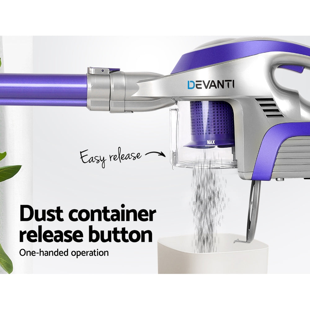 Devanti Cordless Handstick Vacuum Cleaner with HEPA Filter - Lightweight Purple 150W