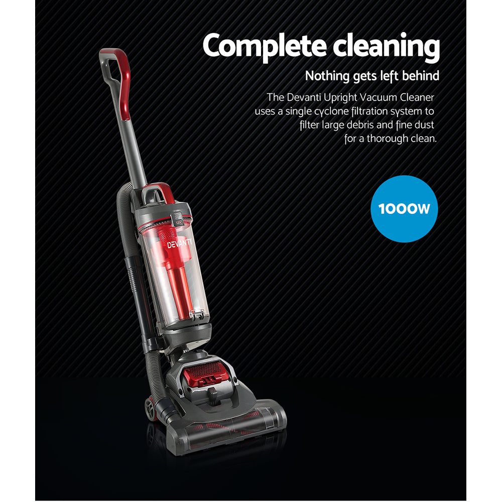 Devanti 1000W Bagless Upright Vacuum Cleaner with Cyclone Filtration and 3L Dust Bin