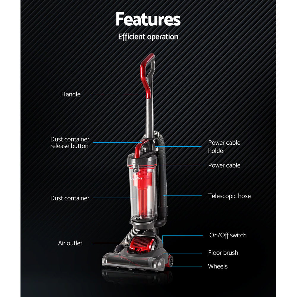 Devanti 1000W Bagless Upright Vacuum Cleaner with Cyclone Filtration and 3L Dust Bin