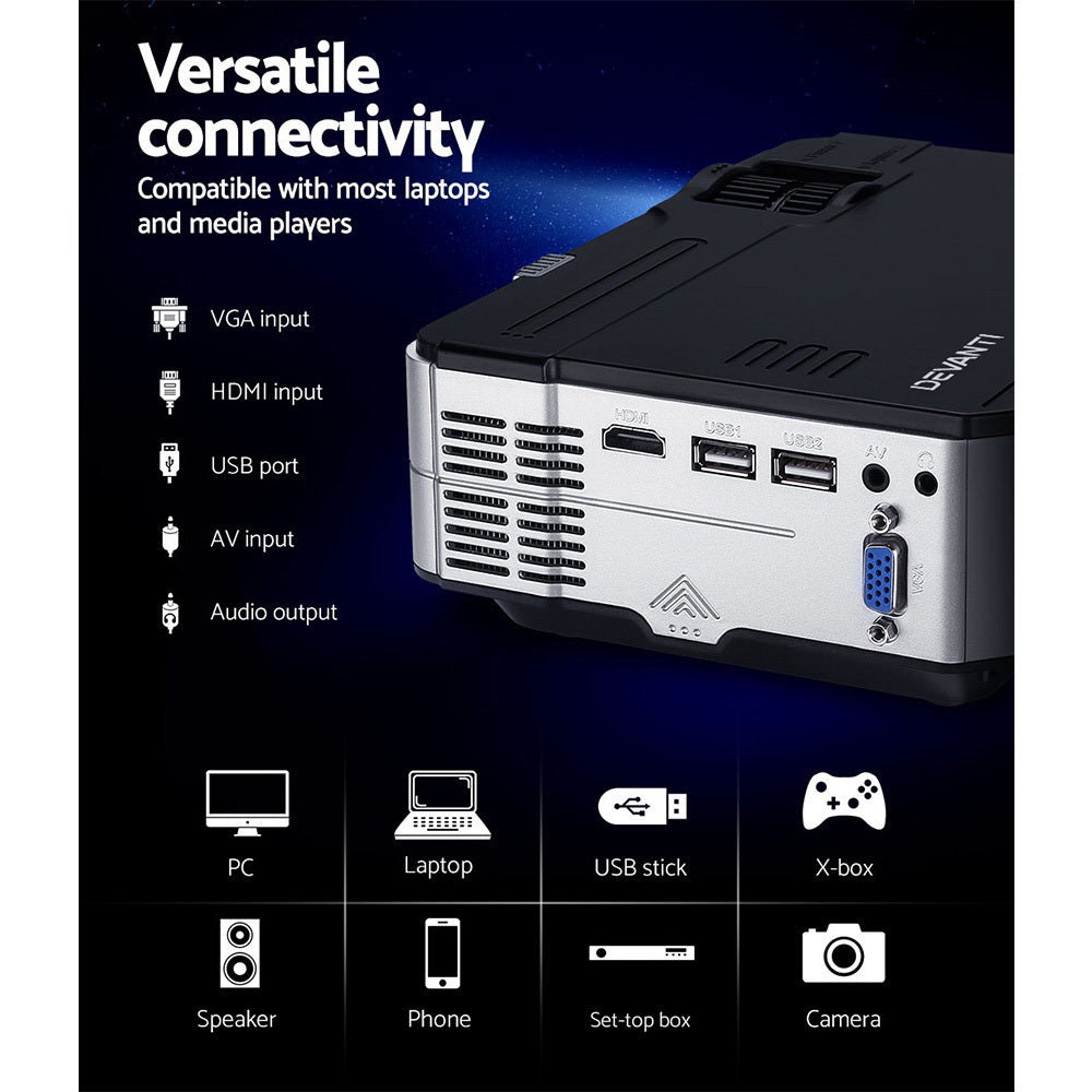 Portable Devanti HD 1080P Mini Projector for Home Theater - 1200 Lumens with USB, VGA, and Remote Control