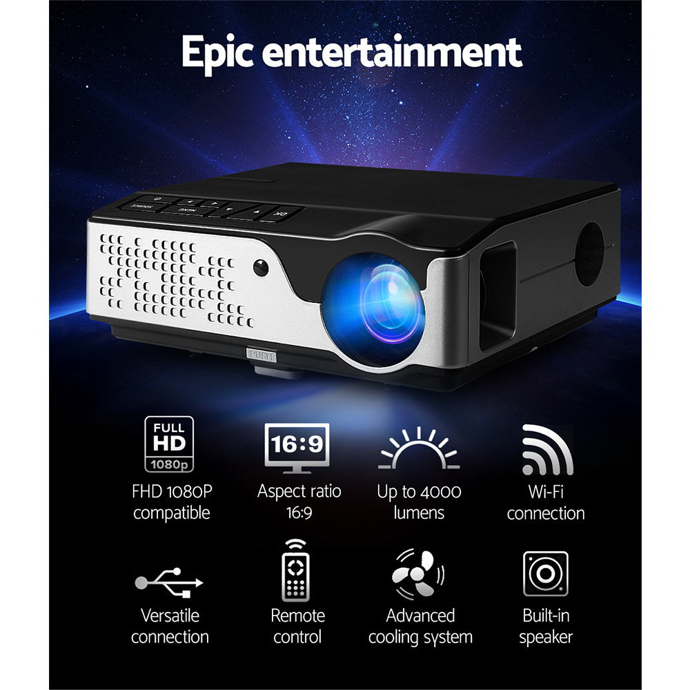 Devanti Portable HD 1080P Video Projector with Wi-Fi, 4000 Lumens Home Theater System in Black