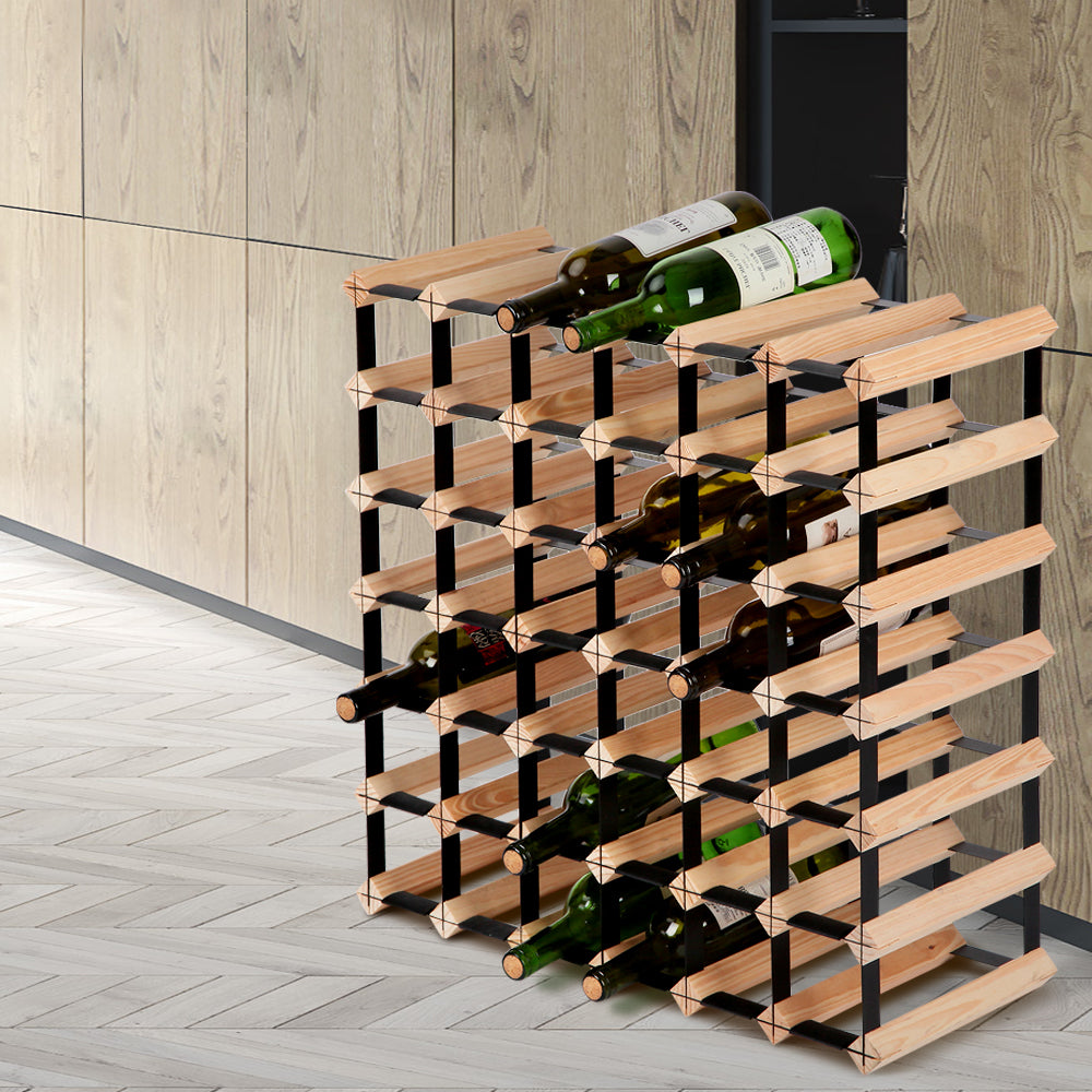 Elegant 42-Bottle Pine Wood Wine Rack with Steel Frame