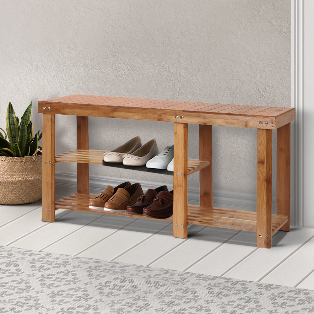 Eco-Friendly Bamboo Shoe Storage Bench with Dual Rack Design