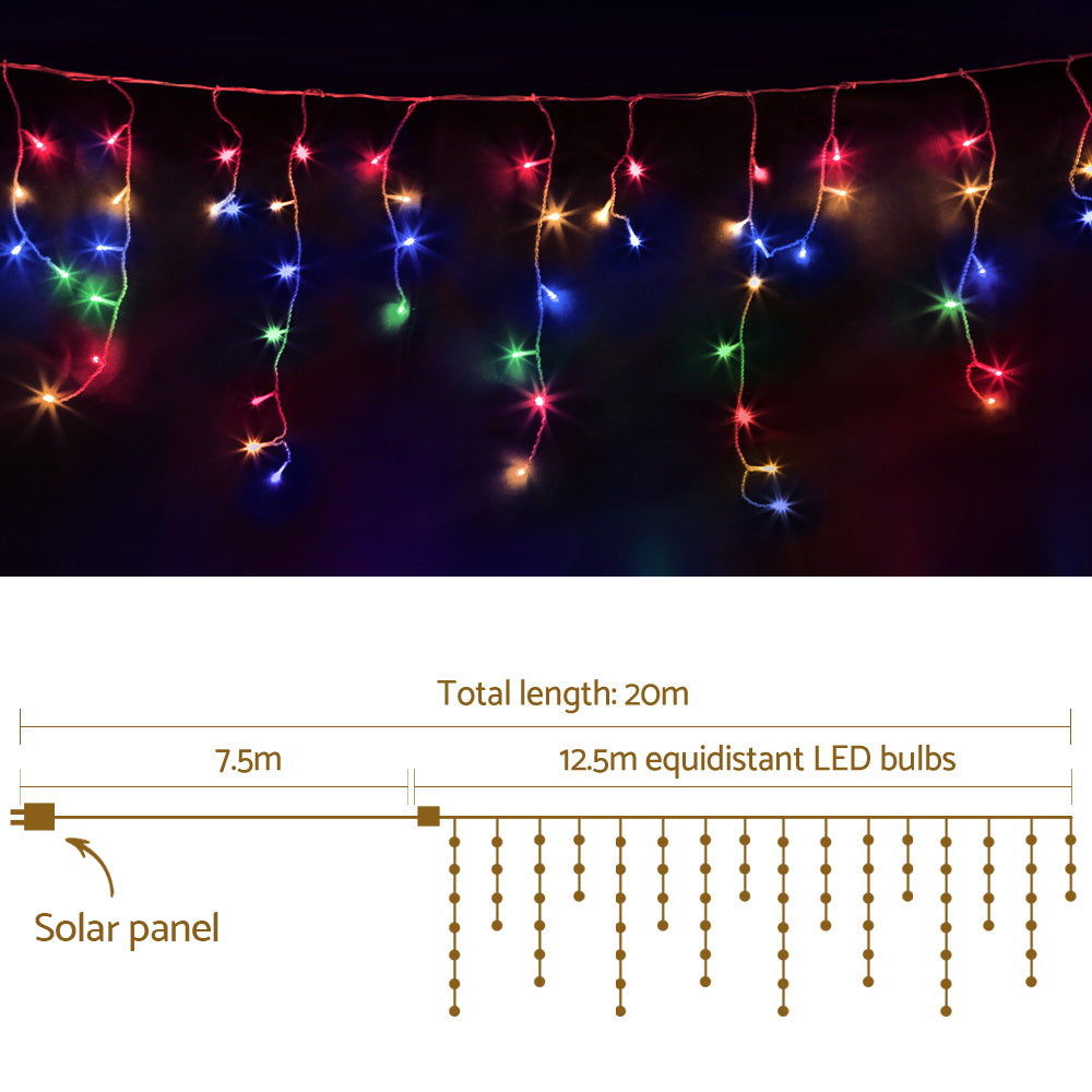 Festive Glow 500 LED Solar-Powered Multicolor Icicle Lights for Outdoor Holiday Decor - 20M Fairy String Lights
