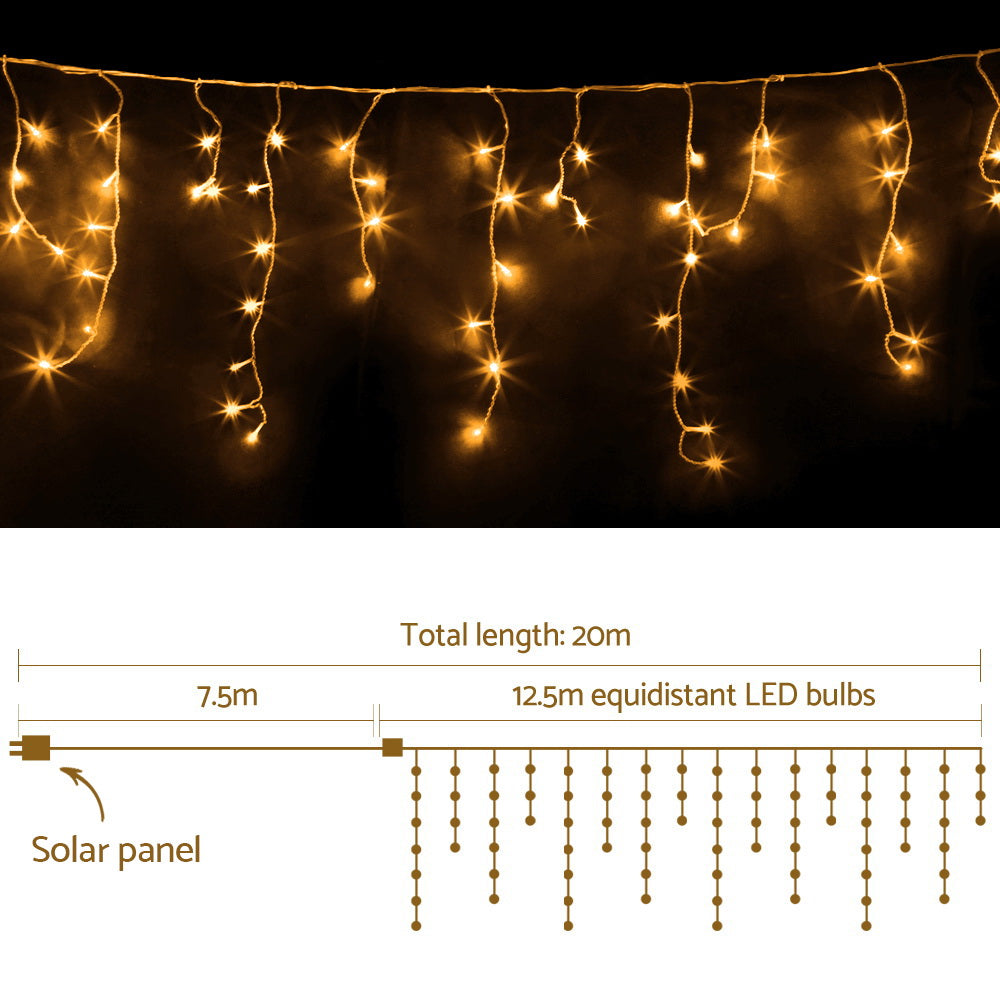 500 LED Solar-Powered Warm White Christmas Icicle String Lights - 20M Outdoor Fairy Decor with 8 Lighting Modes