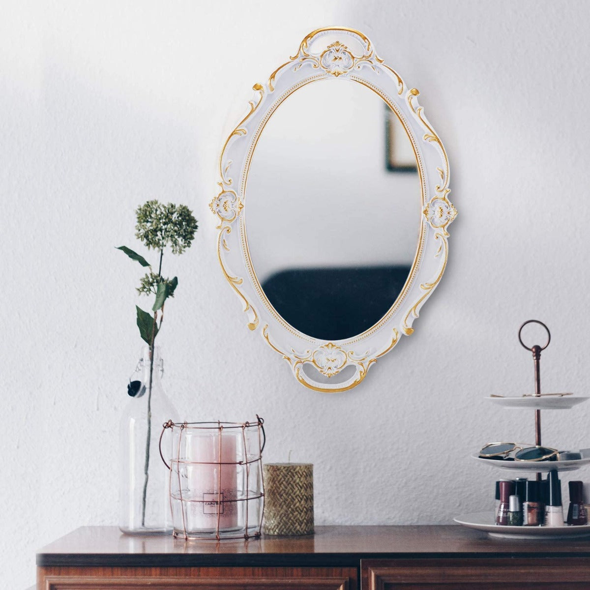 CARLA HOME Vintage Oval White 25 x 38 cm Ornate Wall Mirror for Bedroom and Living Spaces