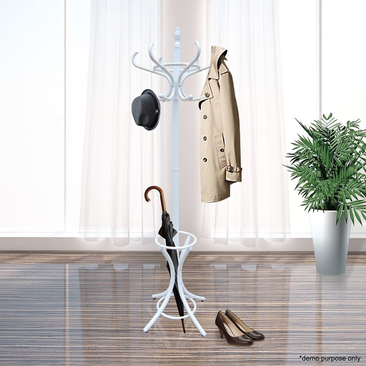 CARLA HOME Elegant White Wooden Coat Rack with 12 Hooks and Umbrella Stand
