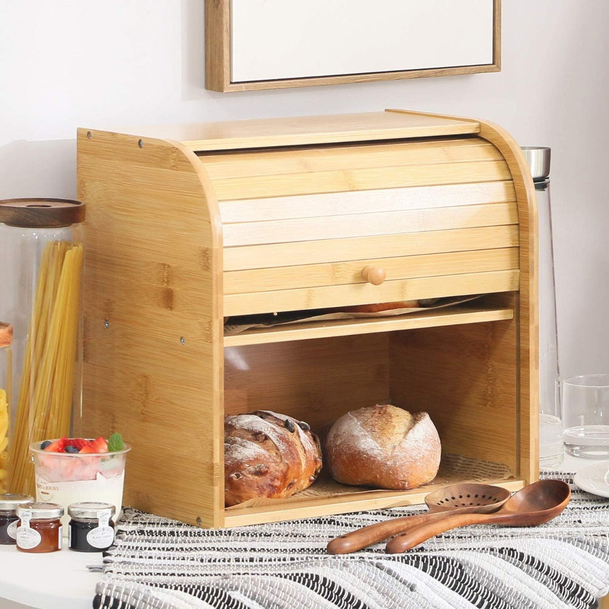 Dual-Compartment Bamboo Bread Storage Box