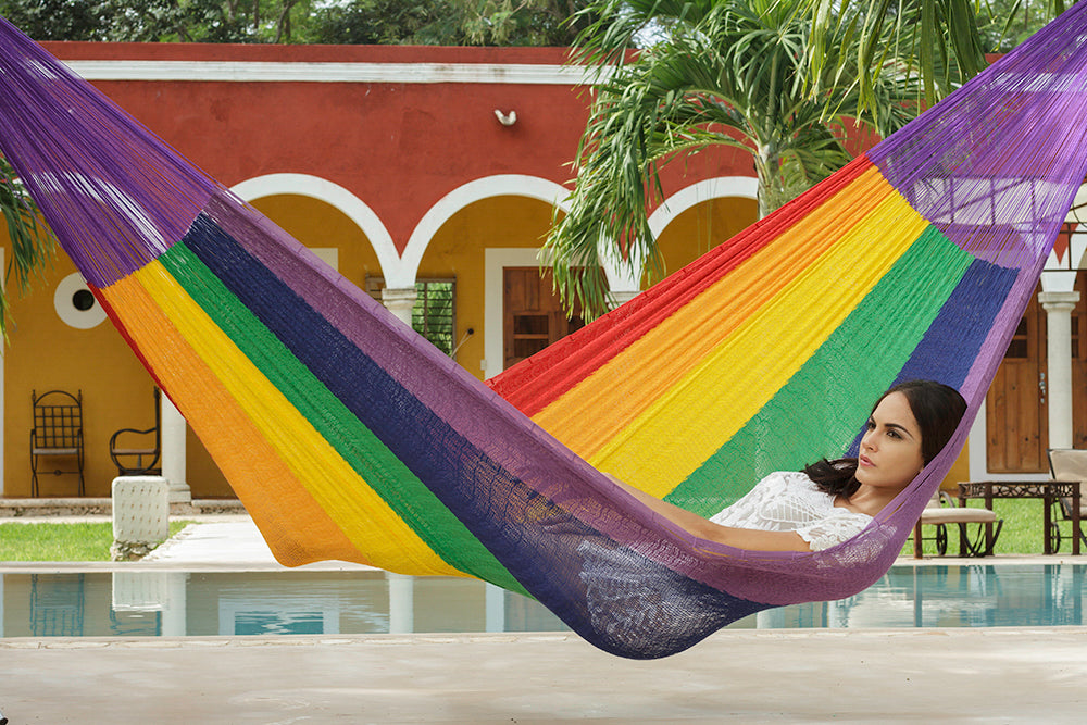 Rainbow-Colored Mayan Legacy Queen-Size Cotton Hammock for Ultimate Comfort