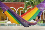 Rainbow-Colored Mayan Legacy Queen-Size Cotton Hammock for Ultimate Comfort - Close-Up Angle