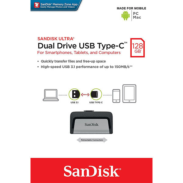 SanDisk Ultra 128GB Dual Drive USB Type-C 3.1 - High-Speed File Transfer