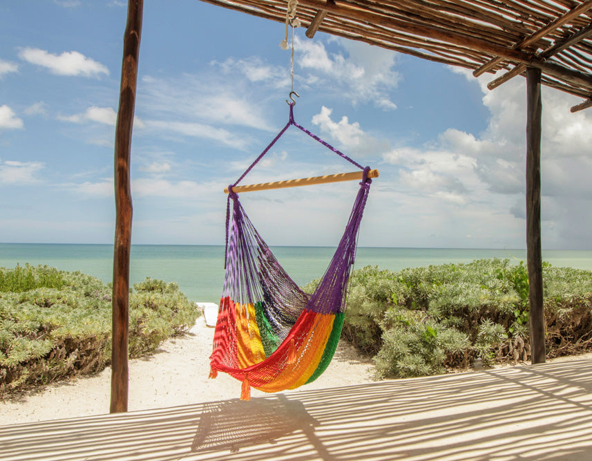 Extra Large Rainbow Cotton Hammock Chair with Back Support for Outdoor Relaxation