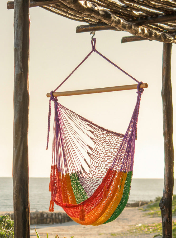 Extra Large Rainbow Cotton Hammock Chair with Back Support for Outdoor Relaxation