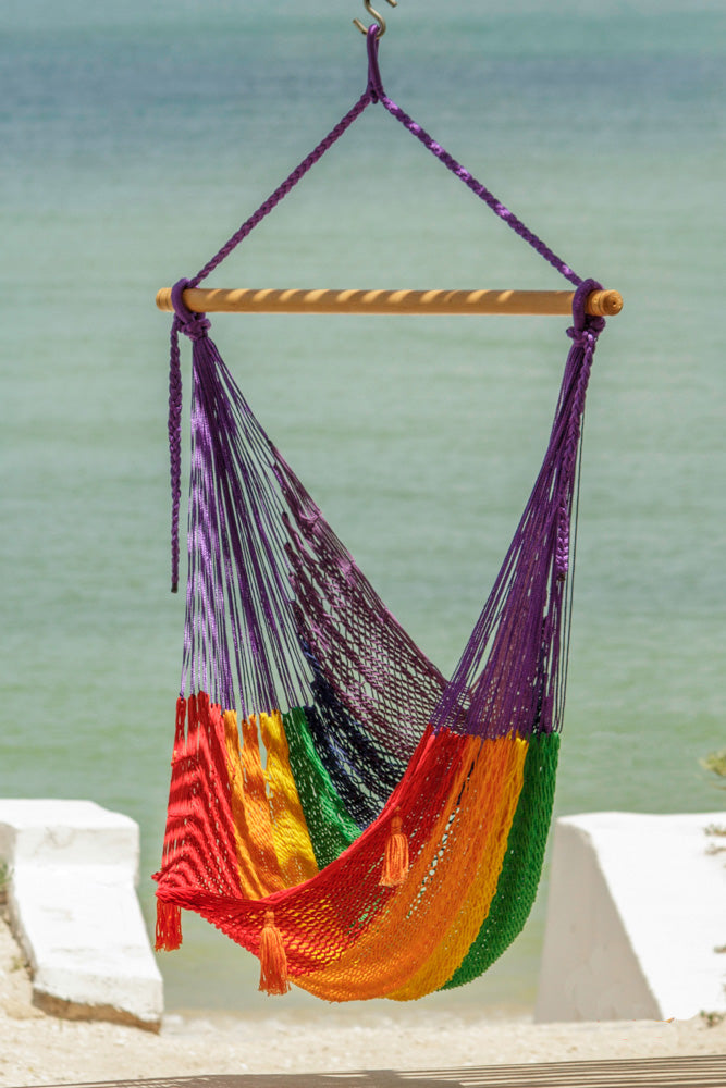 Extra Large Rainbow Cotton Hammock Chair with Back Support for Outdoor Relaxation