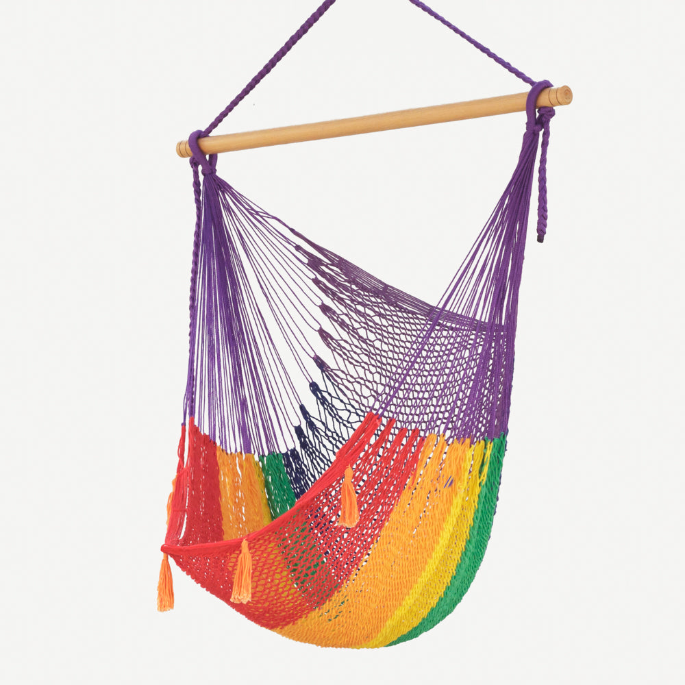 Extra Large Rainbow Cotton Hammock Chair with Back Support for Outdoor Relaxation
