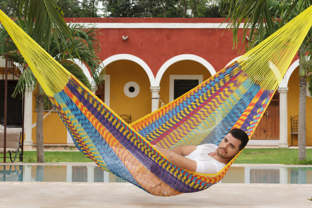 Mayan Legacy Extra Large Outdoor Cotton Hammock in Vibrant Confeti Design