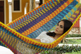 Mayan Legacy Extra Large Outdoor Cotton Hammock in Vibrant Confeti Design - Low Angle