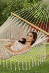 Mayan Legacy Queen Size Outdoor Cotton Mexican Resort Hammock With Fringe in Cream Colour
