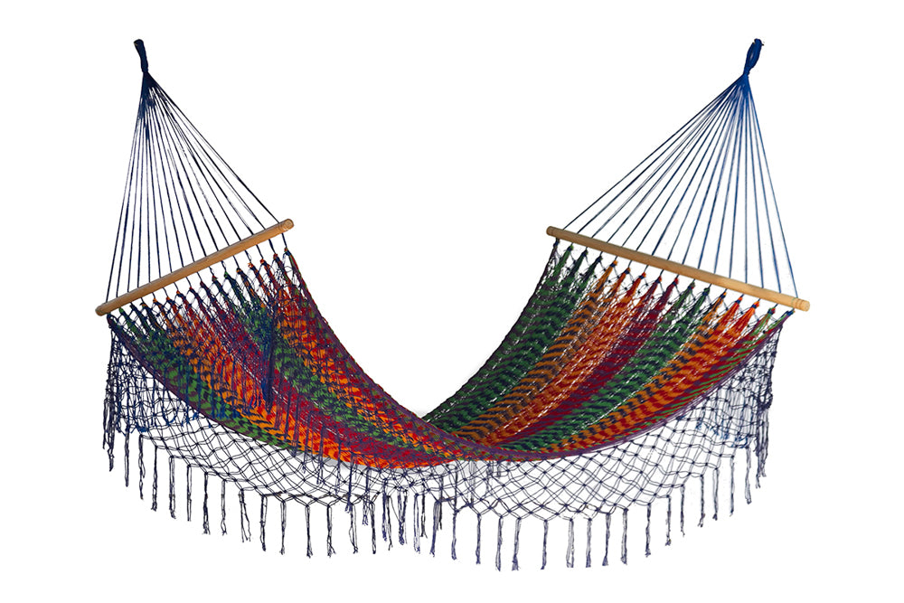 Mayan Legacy King Size Cotton Hammock with Elegant Fringe in Vibrant Mexicana Design