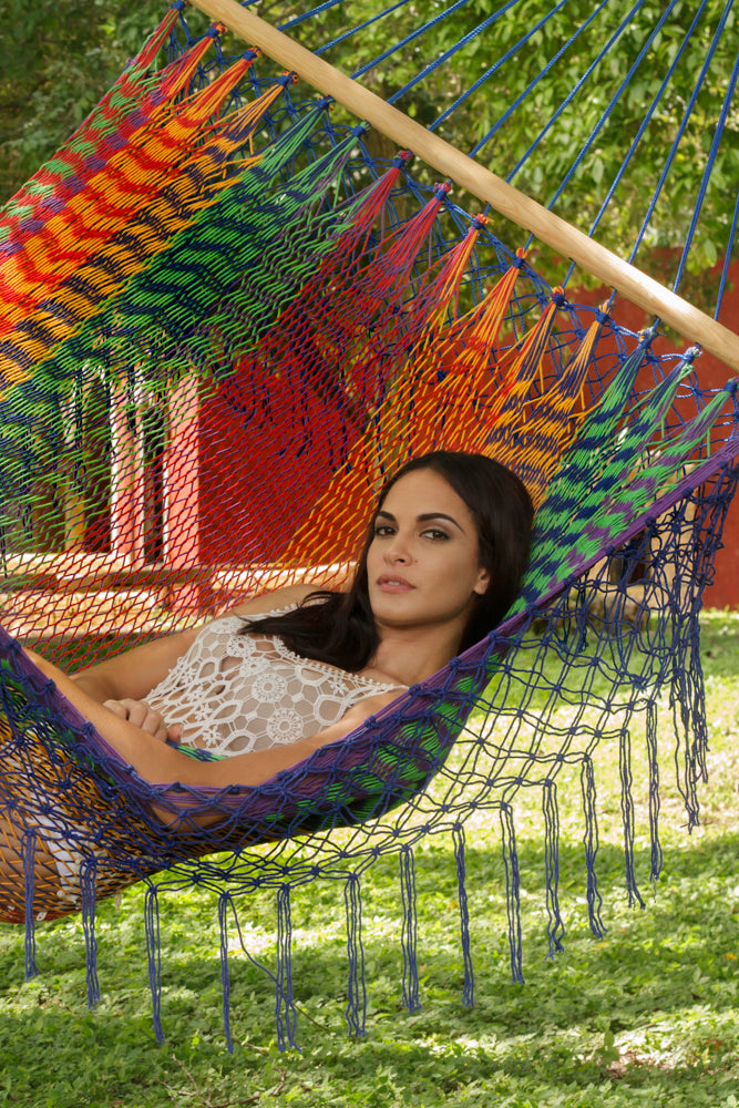 Mayan Legacy King Size Cotton Hammock with Elegant Fringe in Vibrant Mexicana Design