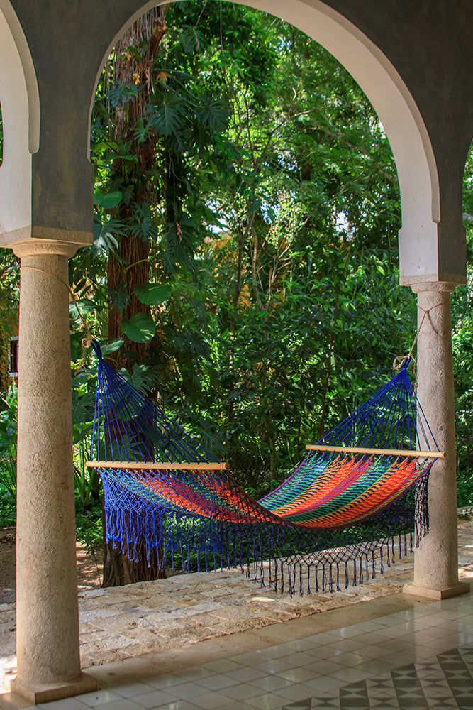 Mayan Legacy King Size Cotton Hammock with Elegant Fringe in Vibrant Mexicana Design