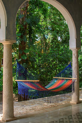 Mayan Legacy King Size Cotton Hammock with Elegant Fringe in Vibrant Mexicana Design - 45-Degree Angle