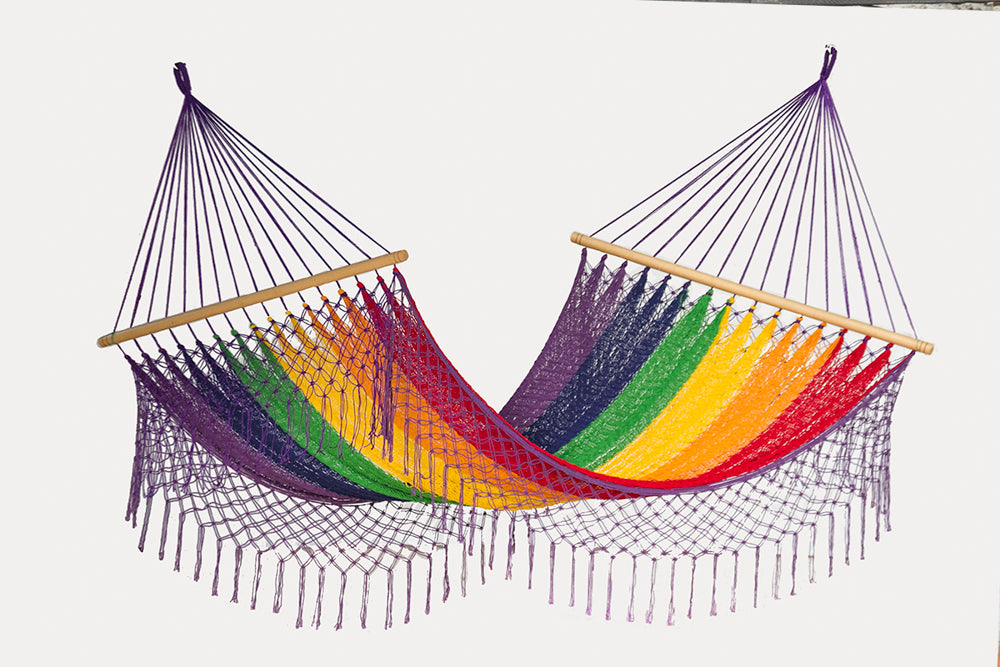 Rainbow Fringe Mexican Resort Hammock - Queen Size Outdoor Cotton Comfort