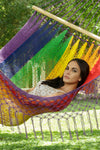 Mayan Legacy King Size Outdoor Cotton Mexican Resort Hammock With Fringe in Rainbow Colour