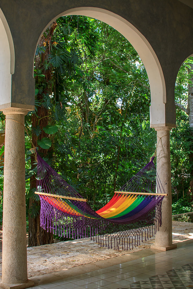 Rainbow Fringe Mexican Resort Hammock - Queen Size Outdoor Cotton Comfort