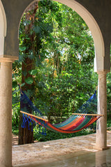 Mayan Legacy Mexicana Queen Size Outdoor Cotton Hammock - No Fringe Design for Patio Relaxation - Close-Up Angle