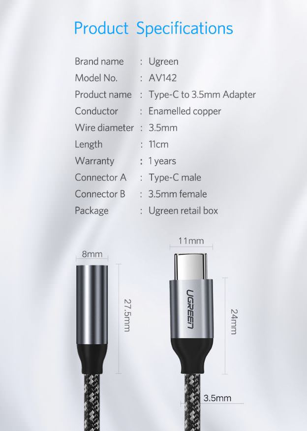 UGreen Type C to 3.5mm Female Adapter Cable - 10CM (Not Compatible with Samsung Smartphones)