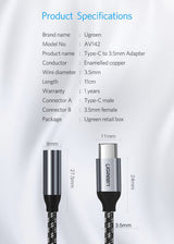 UGreen Type C to 3.5mm Female Adapter Cable - 10CM (Not Compatible with Samsung Smartphones) - Top-Down View