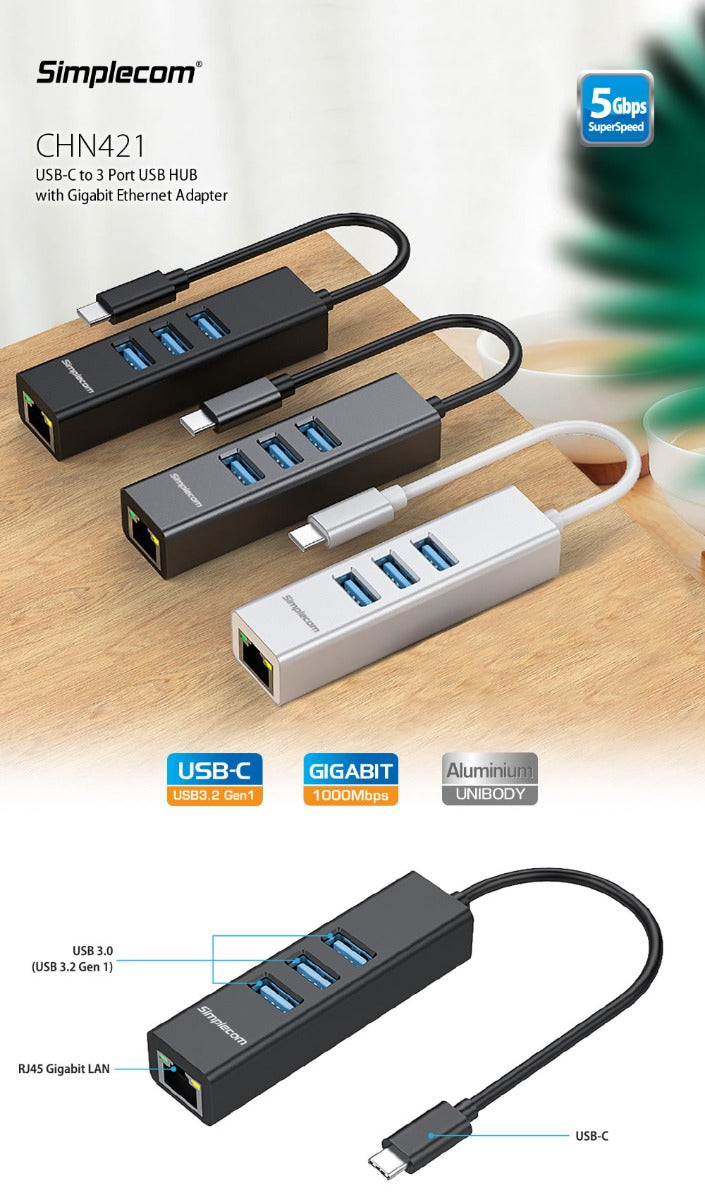 Simplecom CHN421 Aluminum USB-C Hub with 3 USB-A Ports and Gigabit Ethernet Adapter - Black