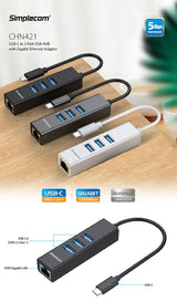 Simplecom CHN421 Aluminium USB-C Hub with 3 USB-A Ports and Gigabit Ethernet Adapter - Silver - Front View