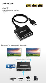 Simplecom CM412 4K HDMI 2.0 1x2 Splitter - Dual Output HDR10 Duplicator for Gaming and Streaming - Top-Down View