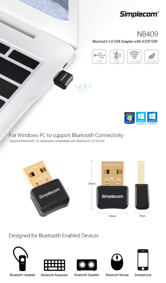 Simplecom NB409 Bluetooth 5.0 USB Adapter for Wireless Connectivity