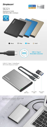 Simplecom SE221 Stylish Aluminium USB 3.1 Enclosure for 2.5'' SATA HDD/SSD in Blue - Front View