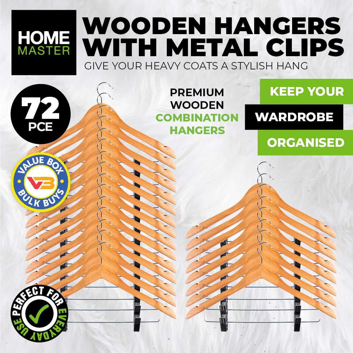 Home Master 72-Piece Adjustable Wooden Hangers with Swivel Hooks and Clips
