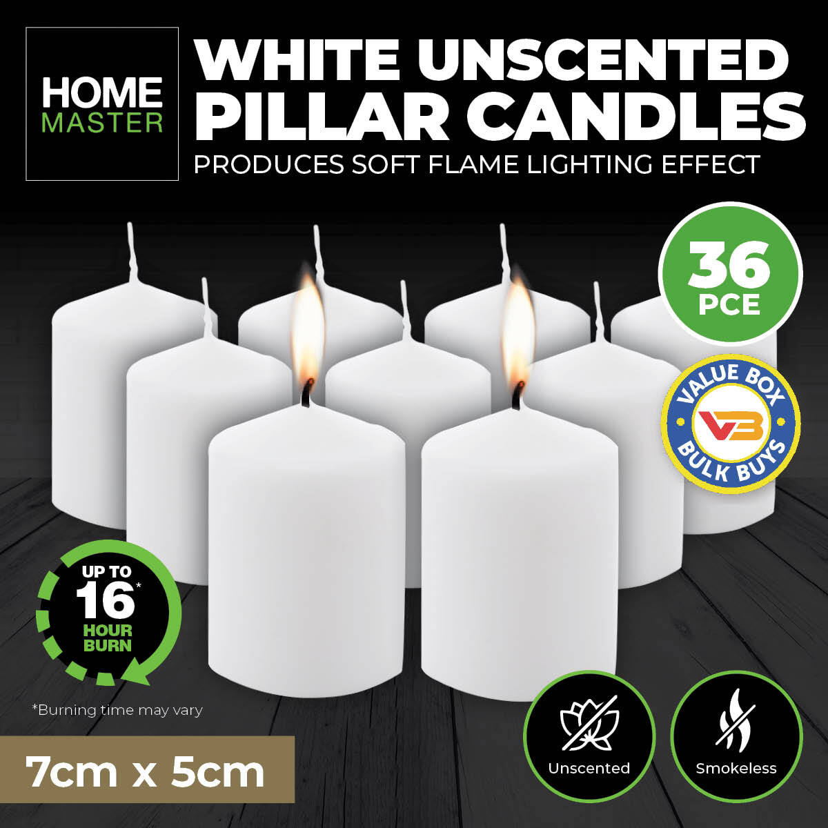 Home Master 36-Pack White Unscented Pillar Candles with 16-Hour Burn Time - 7cm