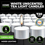720-Pack Unscented White Tealight Candles for Weddings, Parties, and Home Décor - Front View